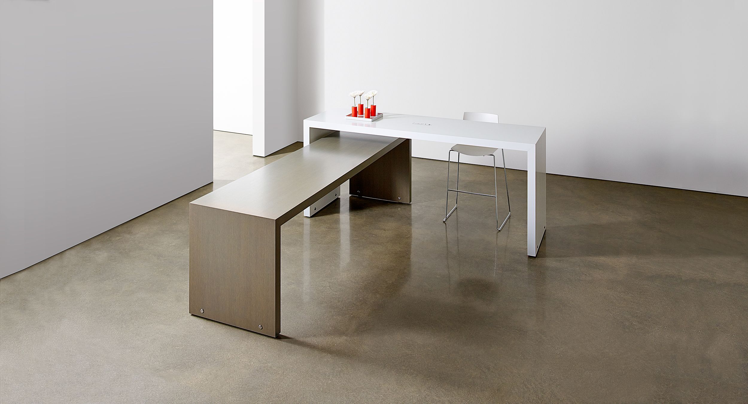 Mix bar and counter-height mobile tables to achieve a truly dynamic space.