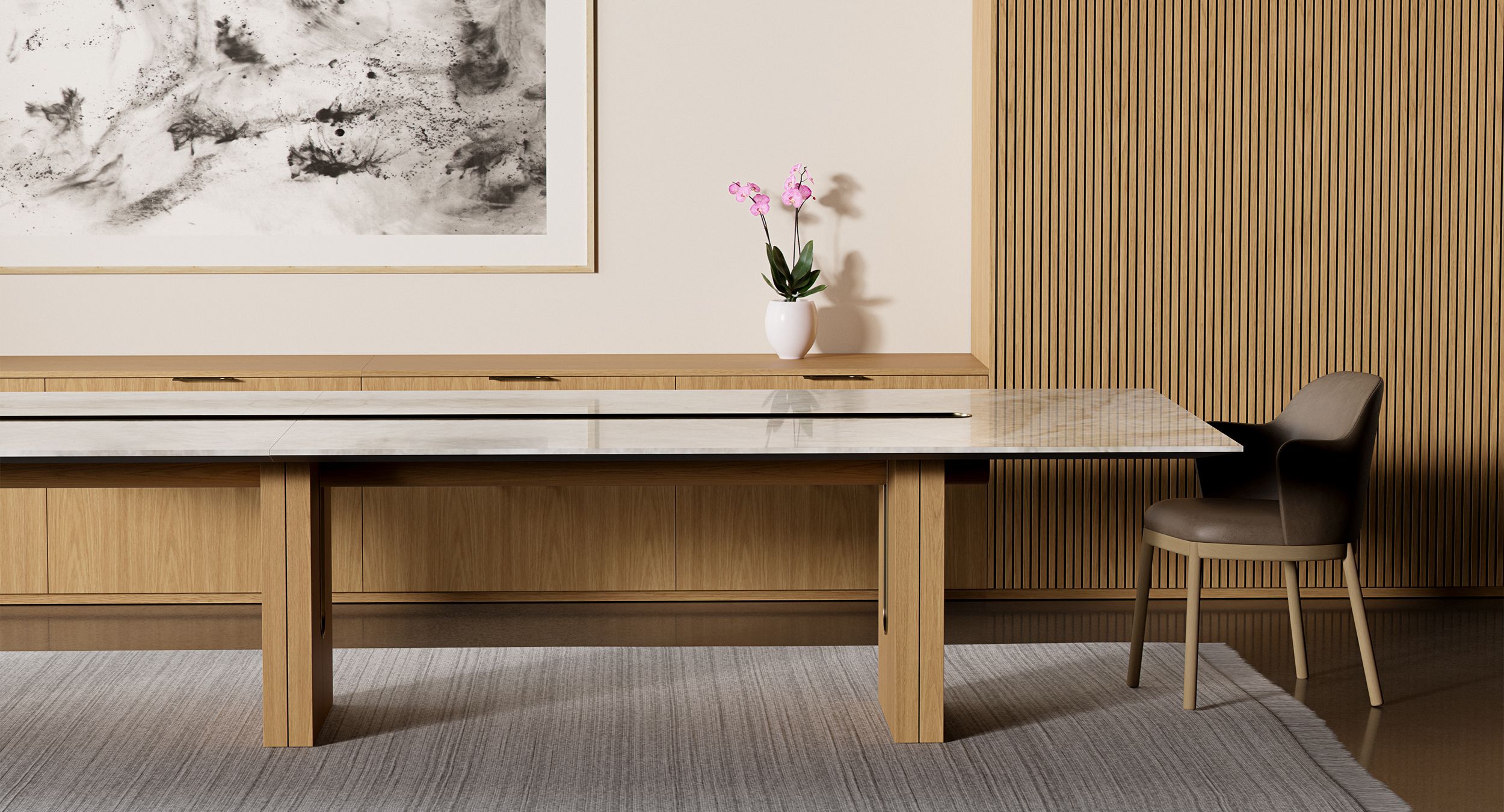 Beautifully crafted tables blend luxurious natural materials with modern lines to create calm and welcoming spaces to meet today’s technology needs.