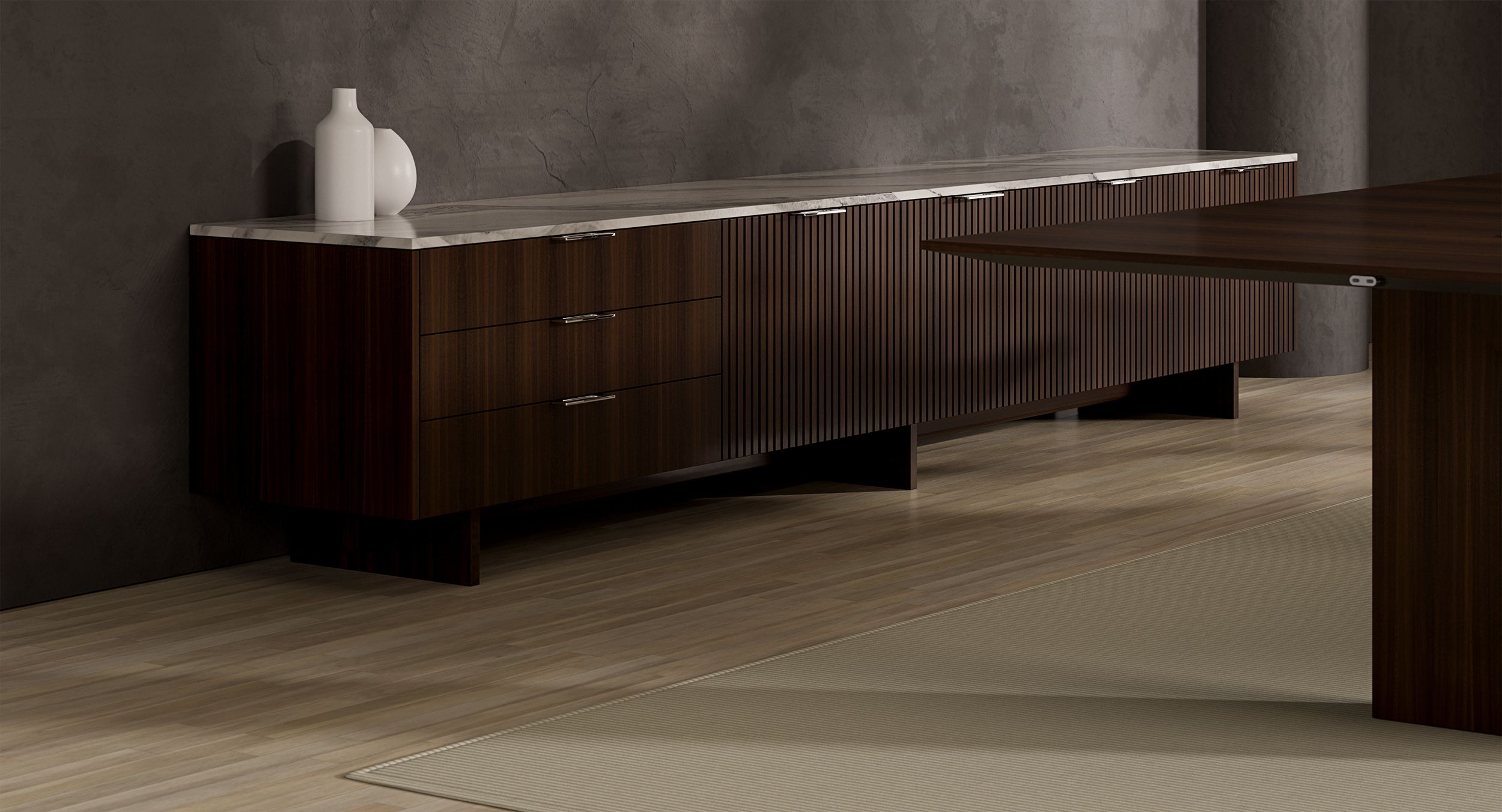 Perfectly sequence-matched wood veneer sideboards are offered with slatted fronts for elevated warmth and texture.
