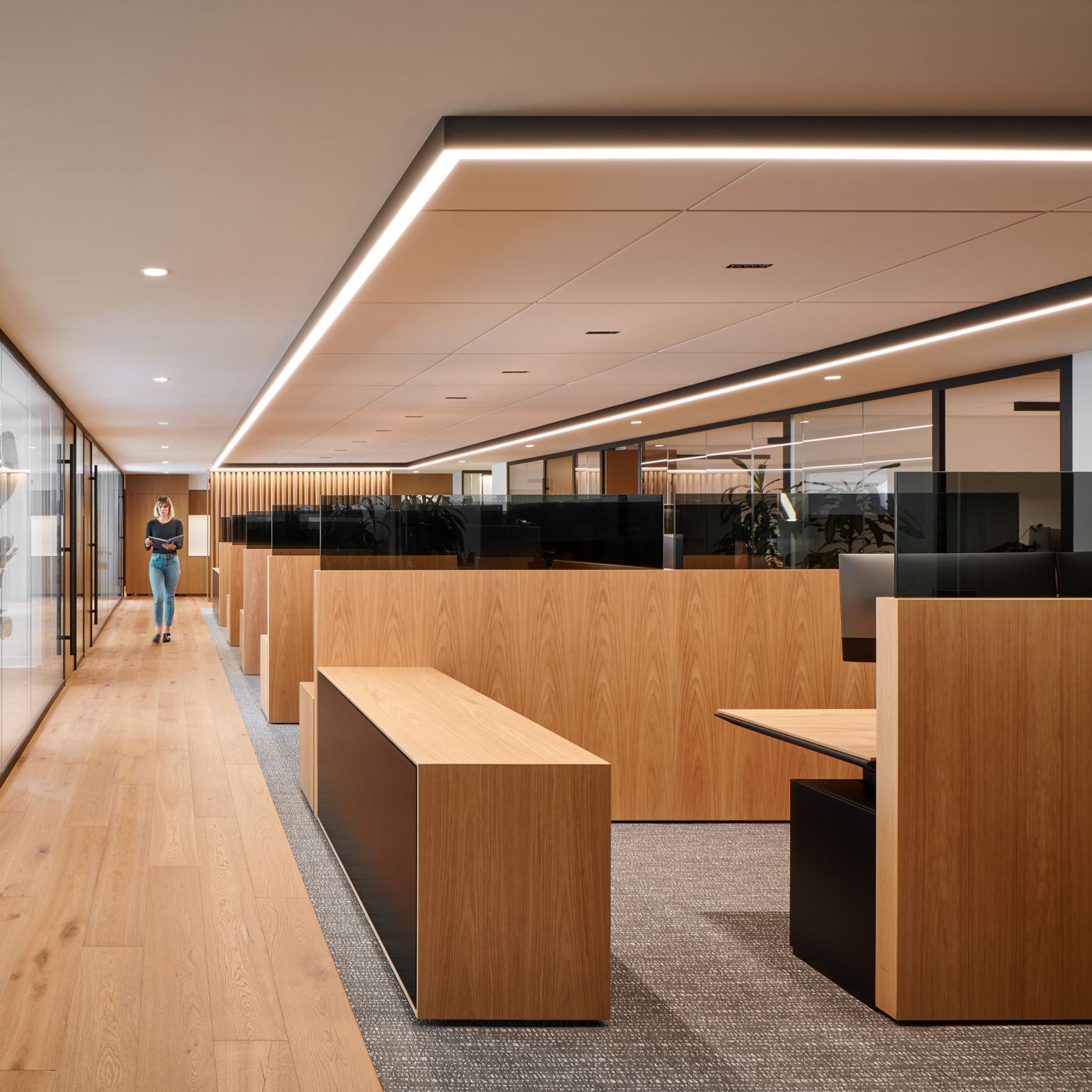 HALO Office 10-seat  workstation elevates the crisp modern lines of this sophisticated space.